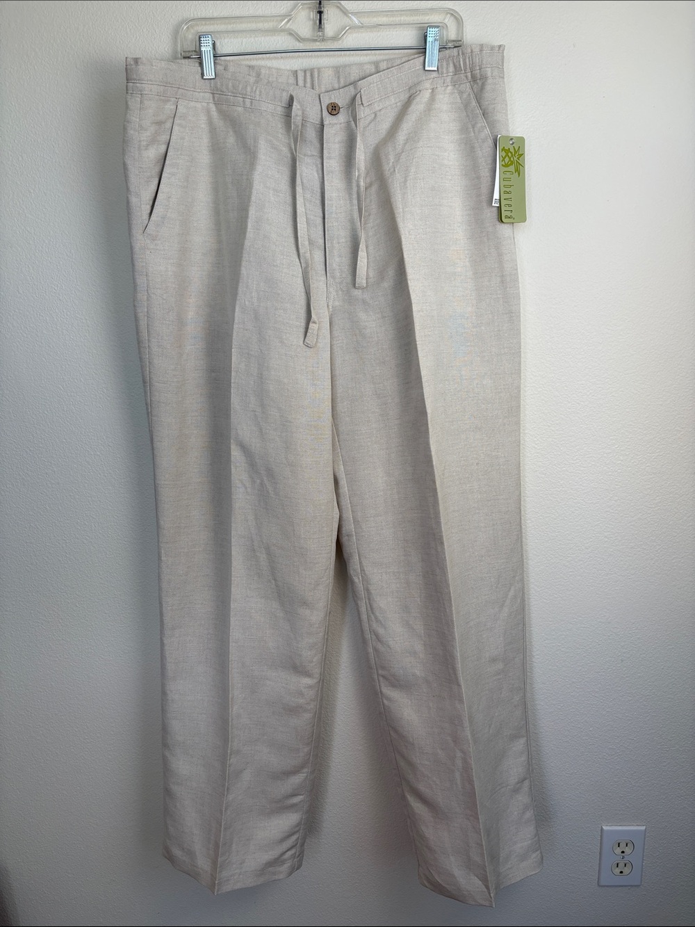 NWT Cubavera Men's Linen Blend Flat Front Drawstring Pants Natural Beige Size L